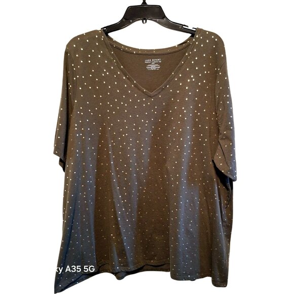 Lane Bryant Perfect Sleeve Tee 22/24 Olive Green With Gold Polka Dots V-Neck Rel - Picture 1 of 5